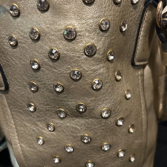 BRAND NEW W/Tags- Stylish Metallic Gold Rhinestone Studded Large Tote Bag - Picture 8 of 8
